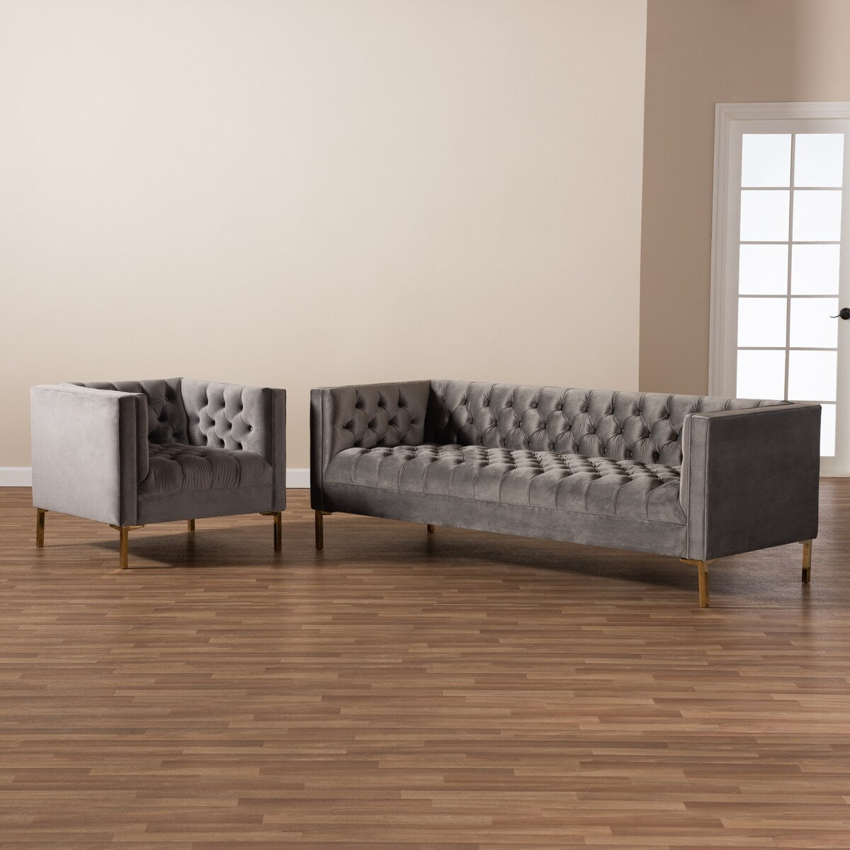 Zanetta Glam and Luxe Gray Velvet Upholstered Gold Finished 2-Piece Sofa and Lounge Chair Set