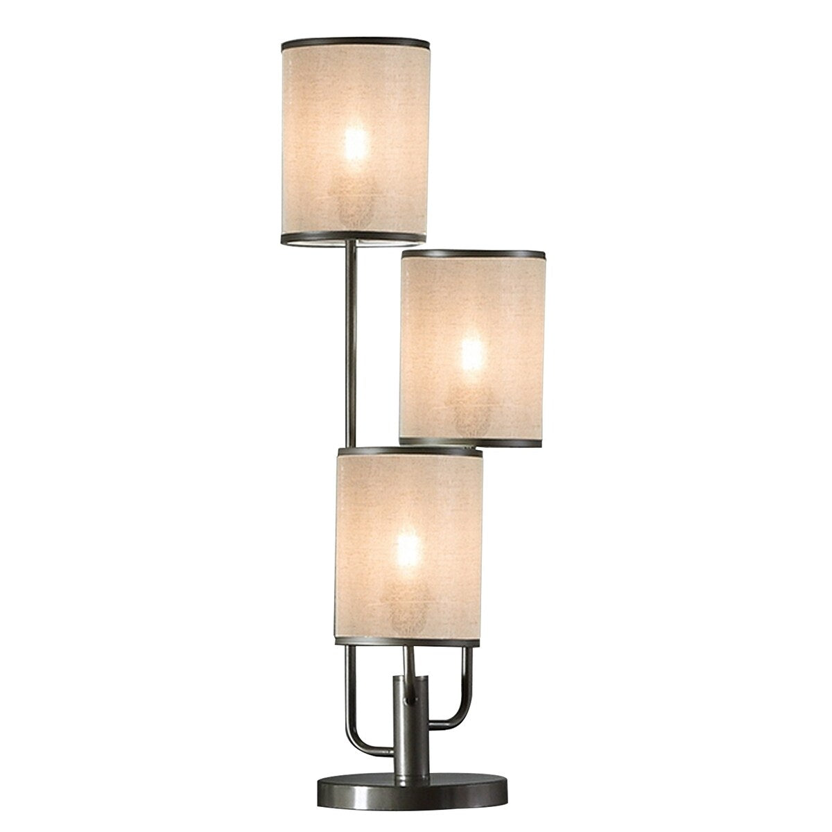 Zen 31 Inch Table Lamp, 3 Drum Fabric Shades, Round Metal Base, Gray