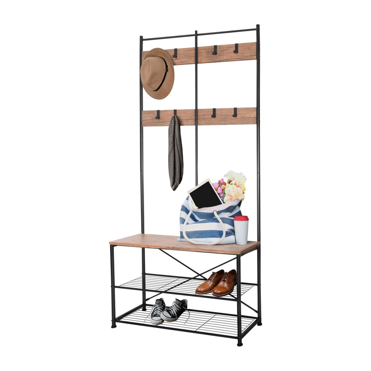 Zenvida Hall Tree Entryway Bench Shoe Storage Coat Rack Shelves Metal Frame