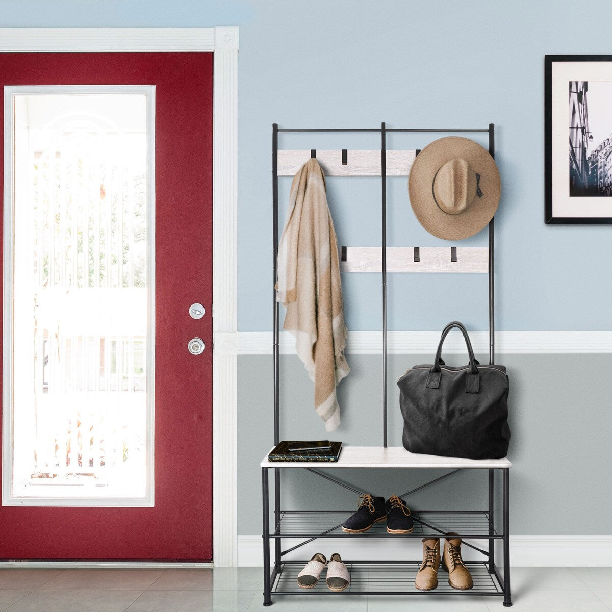 Zenvida Hall Tree Entryway Bench Shoe Storage Coat Rack Shelves Metal Frame