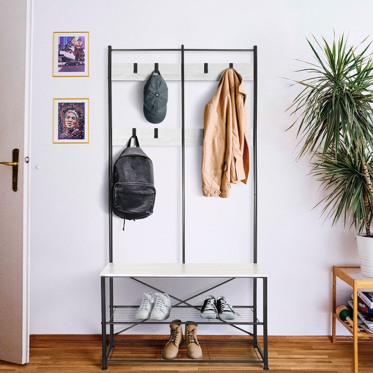 Zenvida Hall Tree Entryway Bench Shoe Storage Coat Rack Shelves Metal Frame