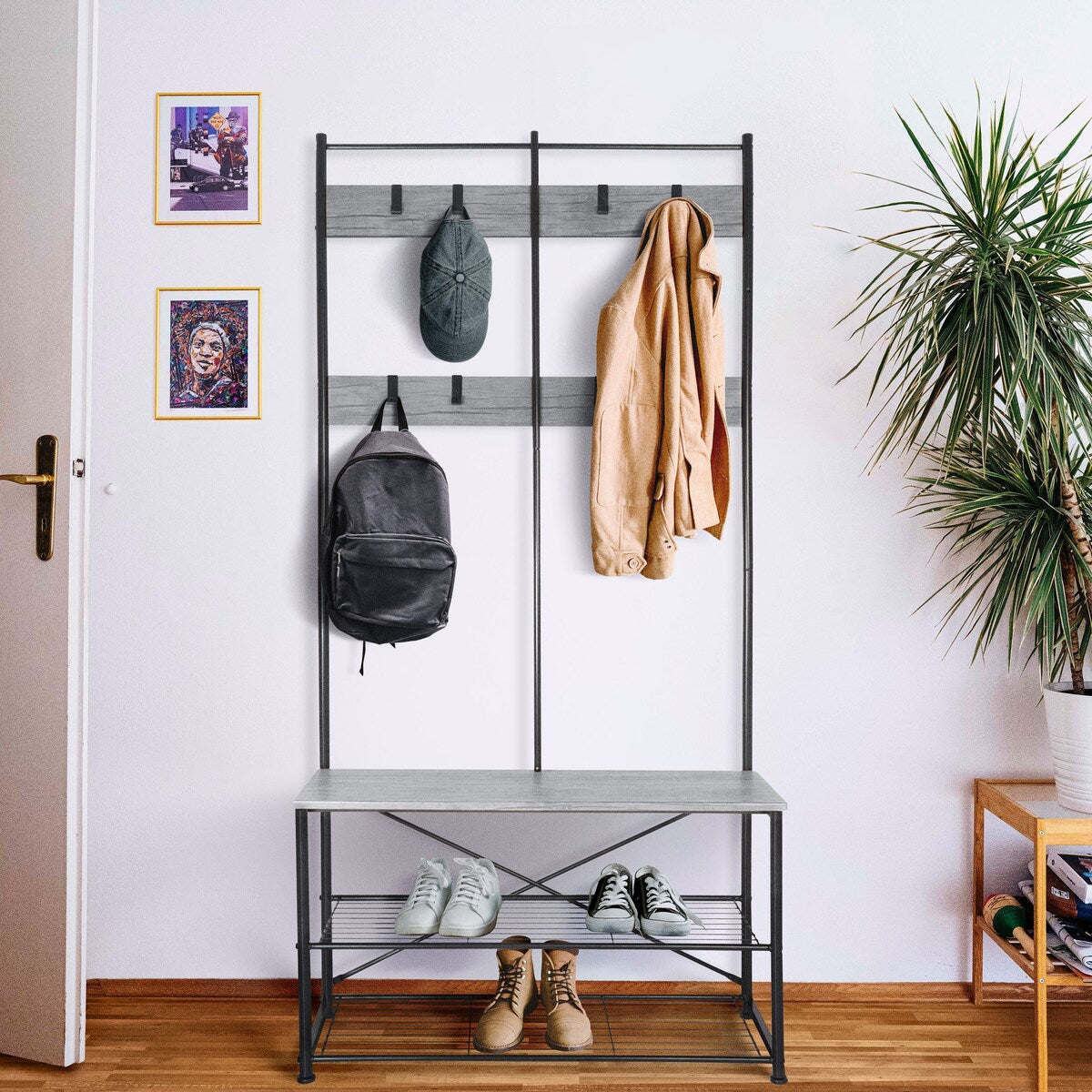 Zenvida Hall Tree Entryway Bench Shoe Storage Coat Rack Shelves Metal Frame