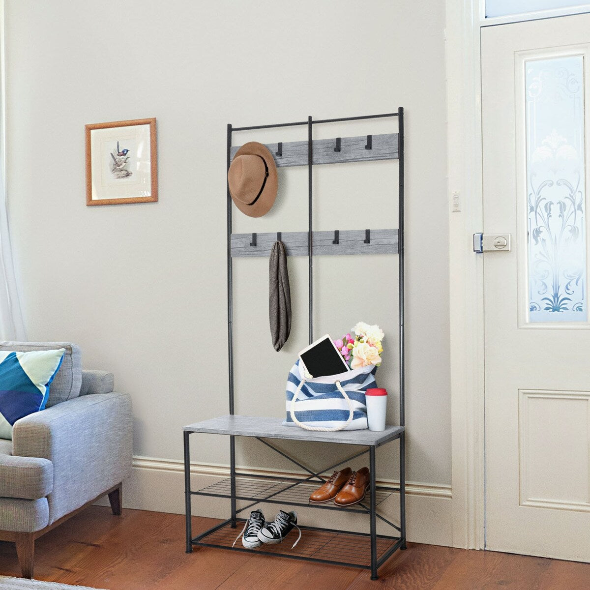 Zenvida Hall Tree Entryway Bench Shoe Storage Coat Rack Shelves Metal Frame