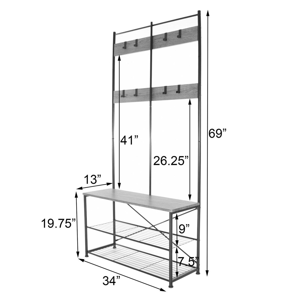Zenvida Hall Tree Entryway Bench Shoe Storage Coat Rack Shelves Metal Frame