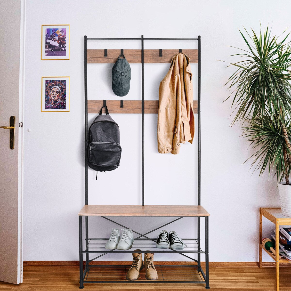 Zenvida Hall Tree Entryway Bench Shoe Storage Coat Rack Shelves Metal Frame