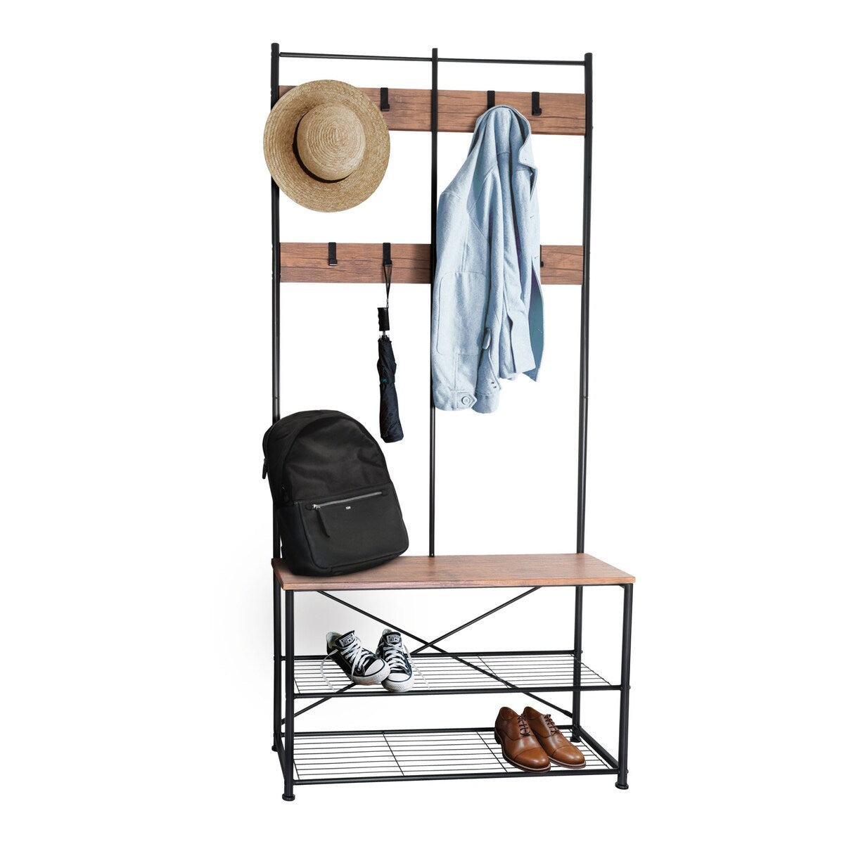 Zenvida Hall Tree Entryway Bench Shoe Storage Coat Rack Shelves Metal Frame