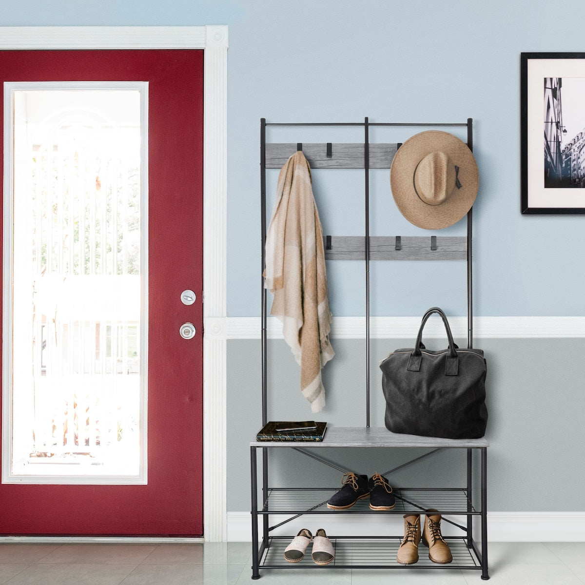 Zenvida Hall Tree Entryway Bench Shoe Storage Coat Rack Shelves Metal Frame
