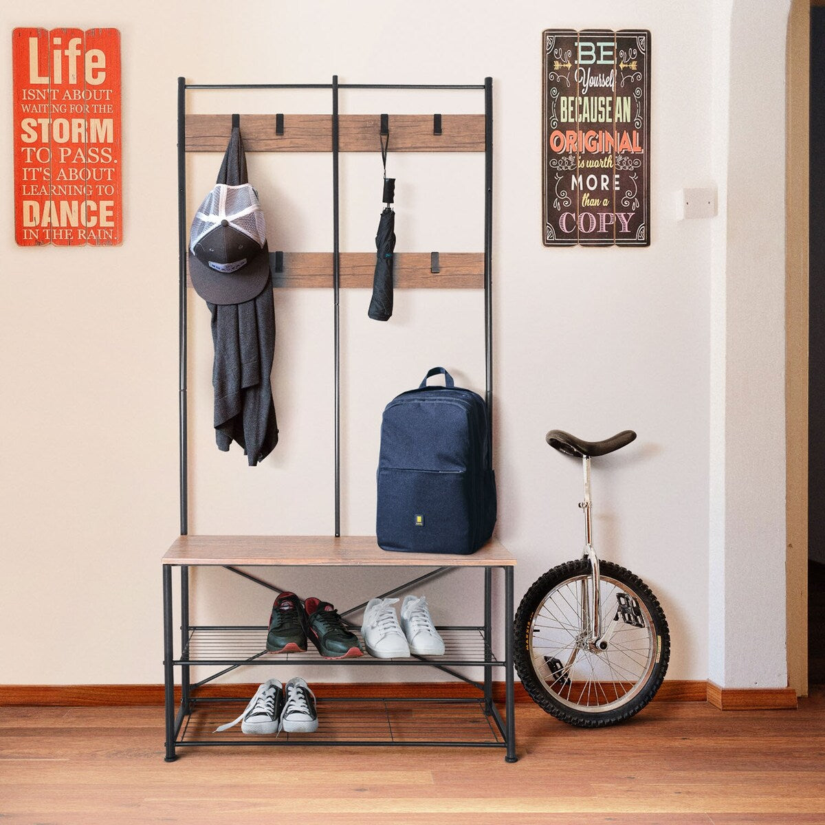 Zenvida Hall Tree Entryway Bench Shoe Storage Coat Rack Shelves Metal Frame