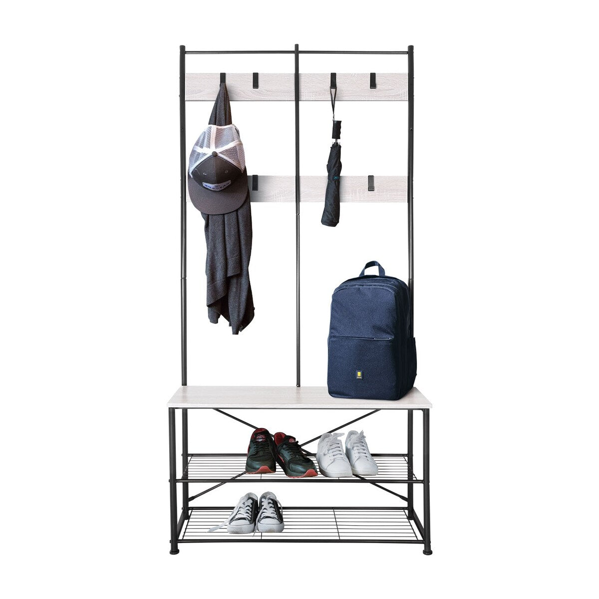 Zenvida Hall Tree Entryway Bench Shoe Storage Coat Rack Shelves Metal Frame