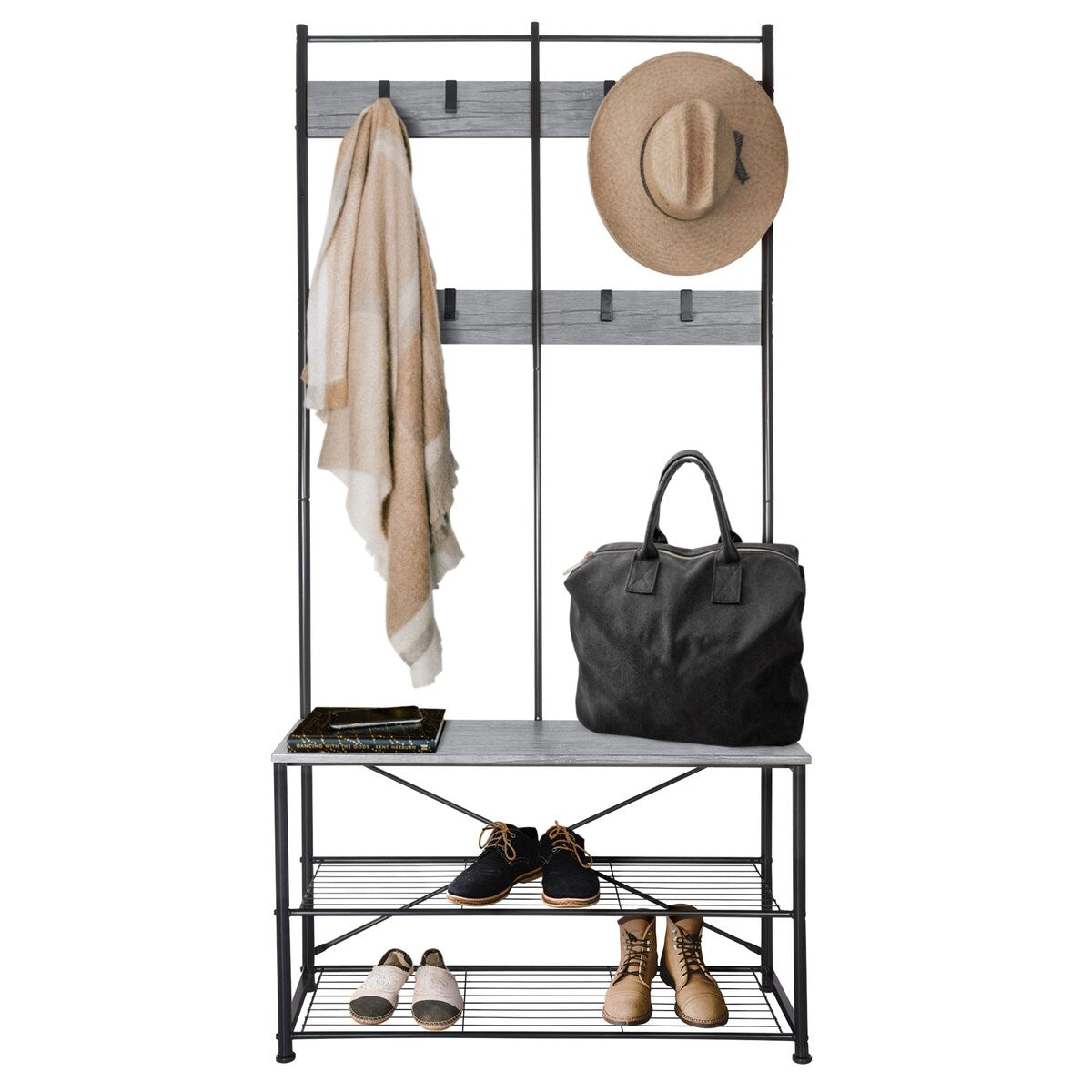 Zenvida Hall Tree Entryway Bench Shoe Storage Coat Rack Shelves Metal Frame