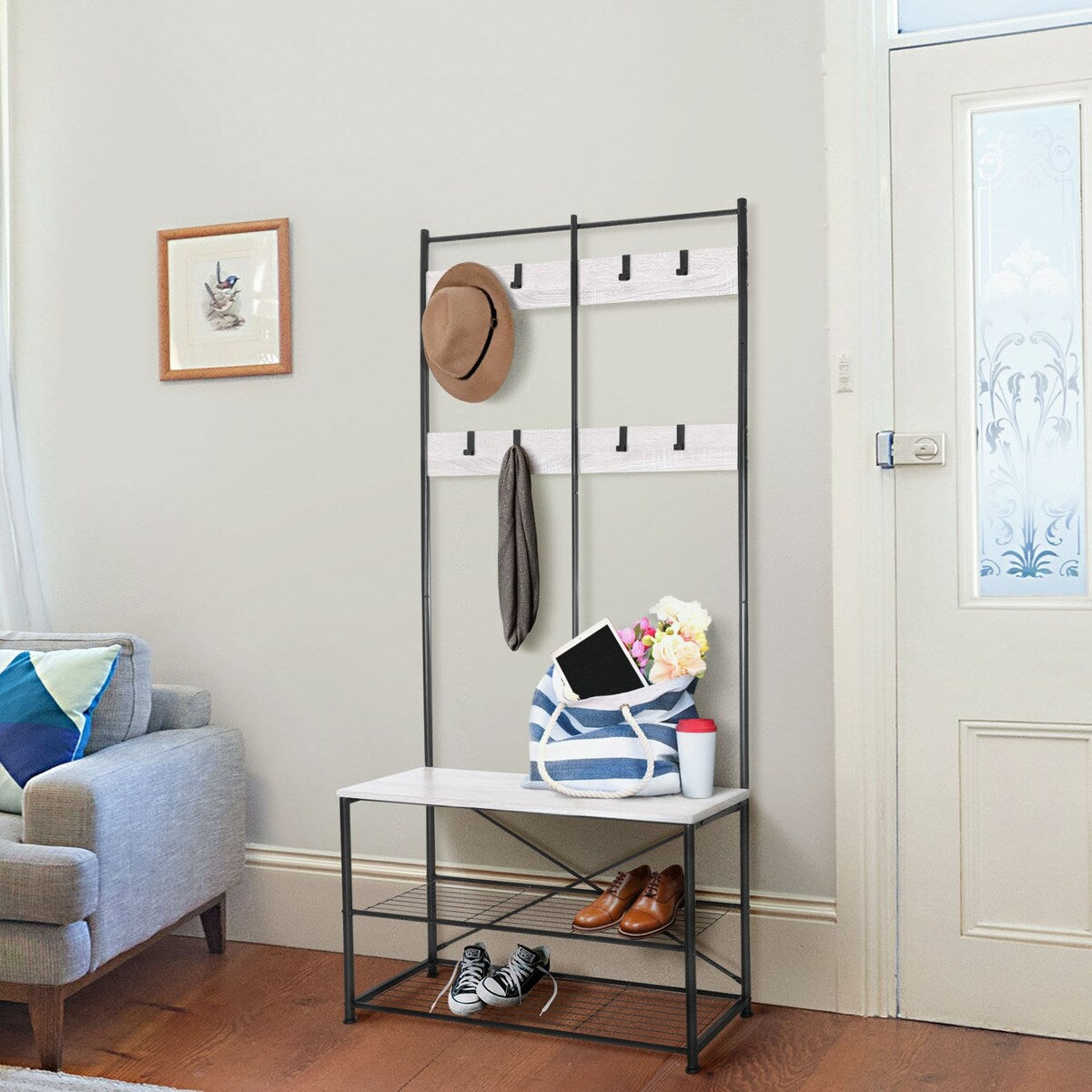 Zenvida Hall Tree Entryway Bench Shoe Storage Coat Rack Shelves Metal Frame