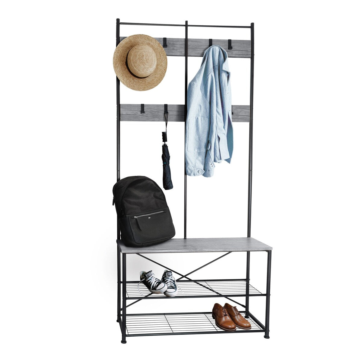 Zenvida Hall Tree Entryway Bench Shoe Storage Coat Rack Shelves Metal Frame