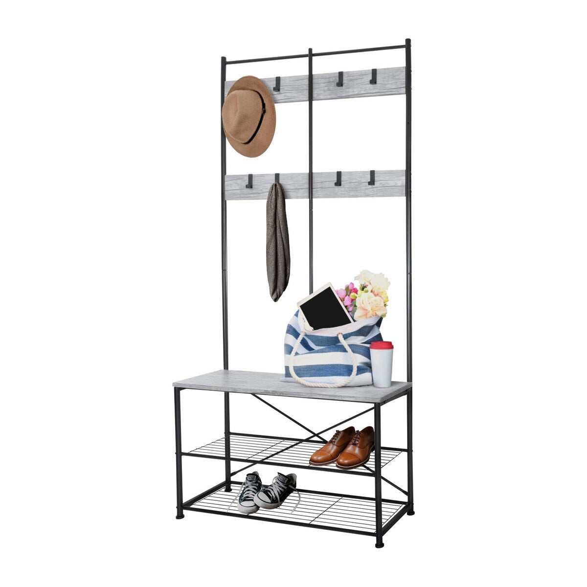 Zenvida Hall Tree Entryway Bench Shoe Storage Coat Rack Shelves Metal Frame