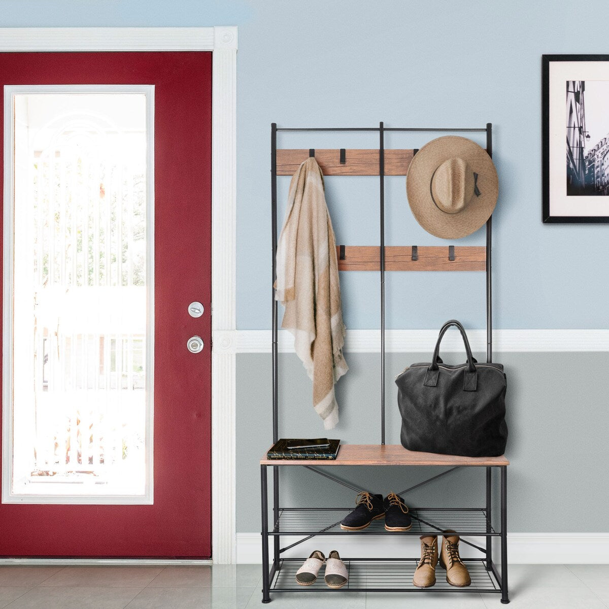 Zenvida Hall Tree Entryway Bench Shoe Storage Coat Rack Shelves Metal Frame