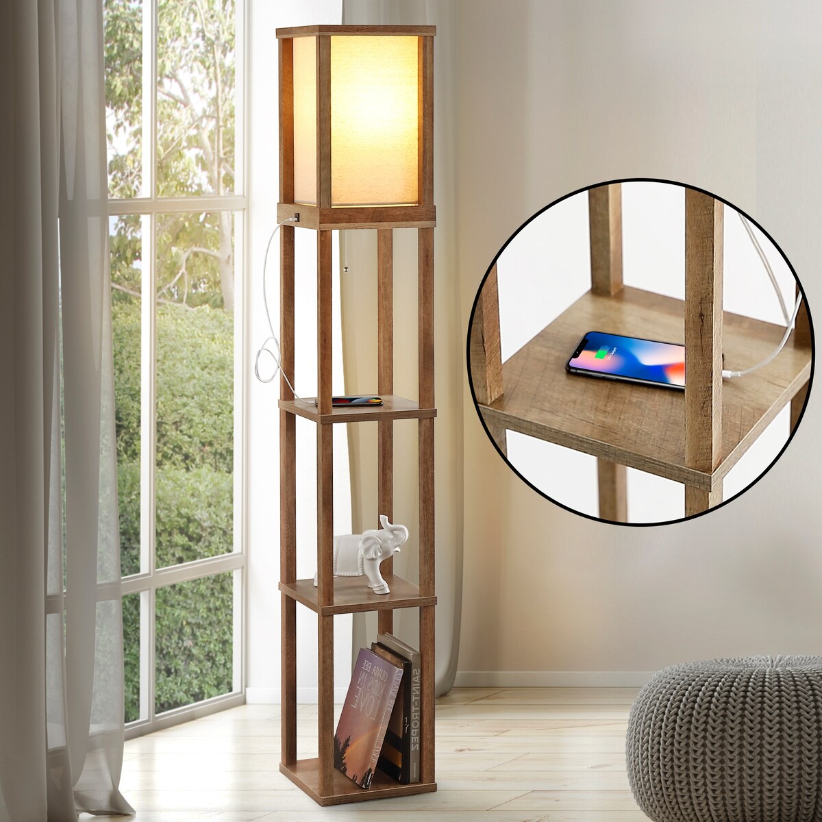 Zephyr 63.5" Rustic Bohemian Wooden LED 3-Shelf Floor Lamp with Pull-Chain, USB Charging Port and Smart Bulb, by JONATHAN Y