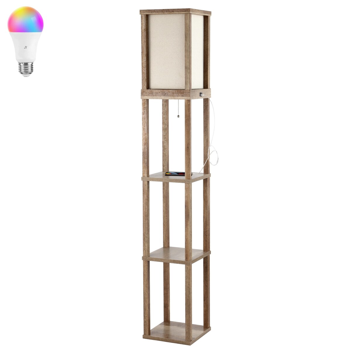 Zephyr 63.5" Rustic Bohemian Wooden LED 3-Shelf Floor Lamp with Pull-Chain, USB Charging Port and Smart Bulb, by JONATHAN Y