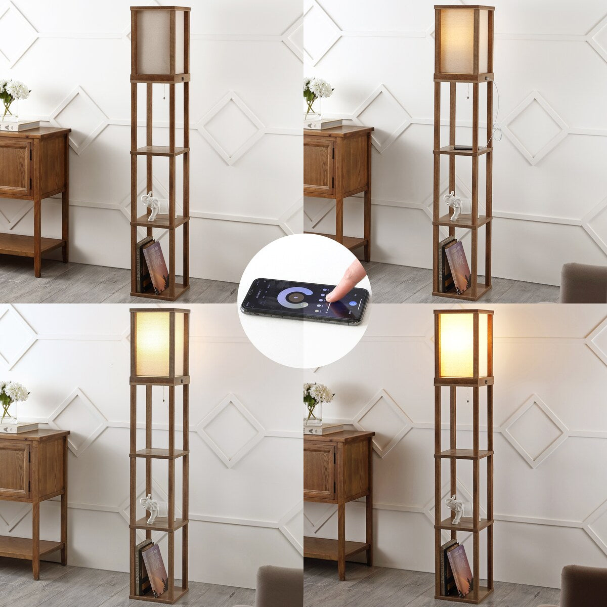 Zephyr 63.5" Rustic Bohemian Wooden LED 3-Shelf Floor Lamp with Pull-Chain, USB Charging Port and Smart Bulb, by JONATHAN Y