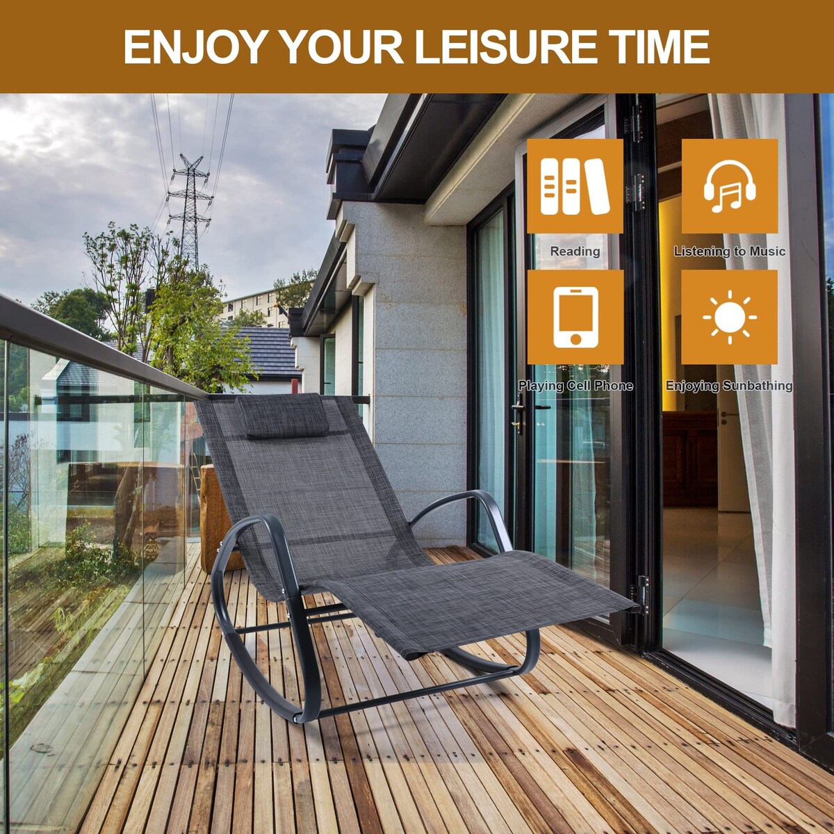 Zero Gravity Rocking Chair, Patio Chaise for Indoor and Outdoor, Wavy Lounge Chair for Yard and Patio, Removable Headrest