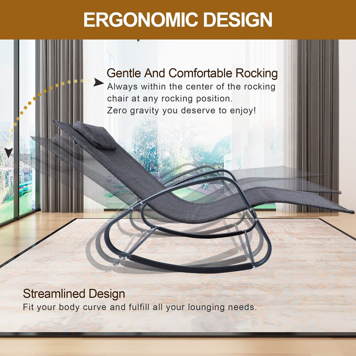 Zero Gravity Rocking Chair, Patio Chaise for Indoor and Outdoor, Wavy Lounge Chair for Yard and Patio, Removable Headrest