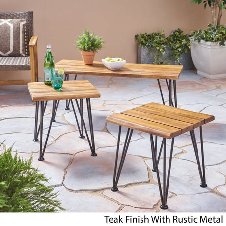 Zion Outdoor Industrial Acacia Wood Coffee Table with 2 Matching Accent Tables by Christopher Knight Home