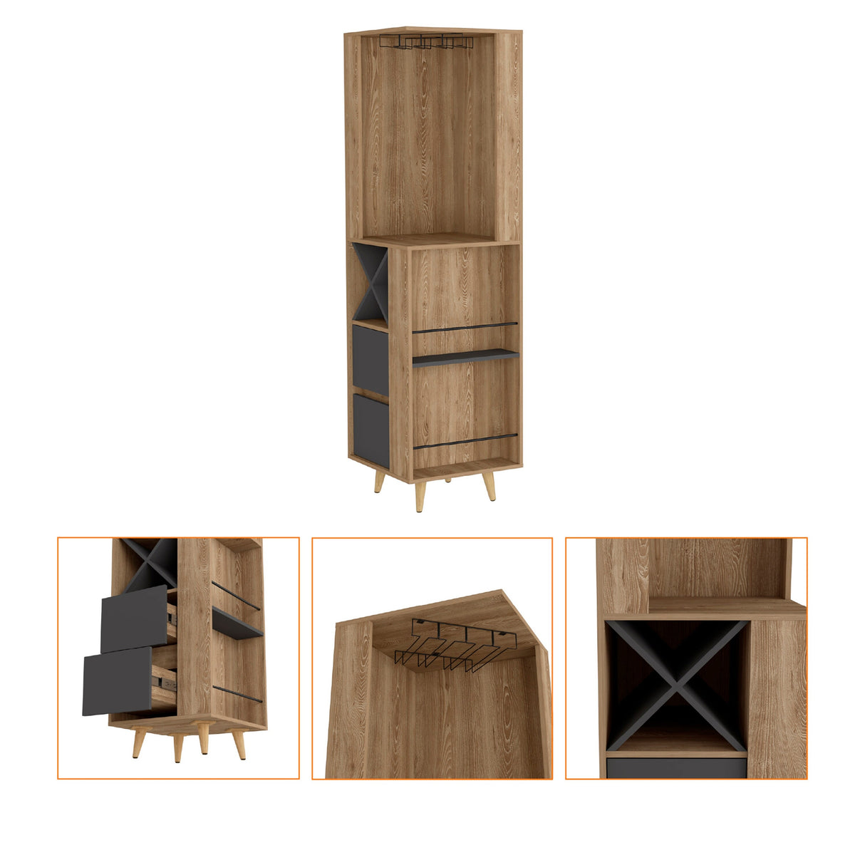 FM Furniture Ziton Corner Bar Cabinet with 3 External Shelves, 2 Drawers, Glass Rack, 4 Wine Compartments and 4 Legs - N/A