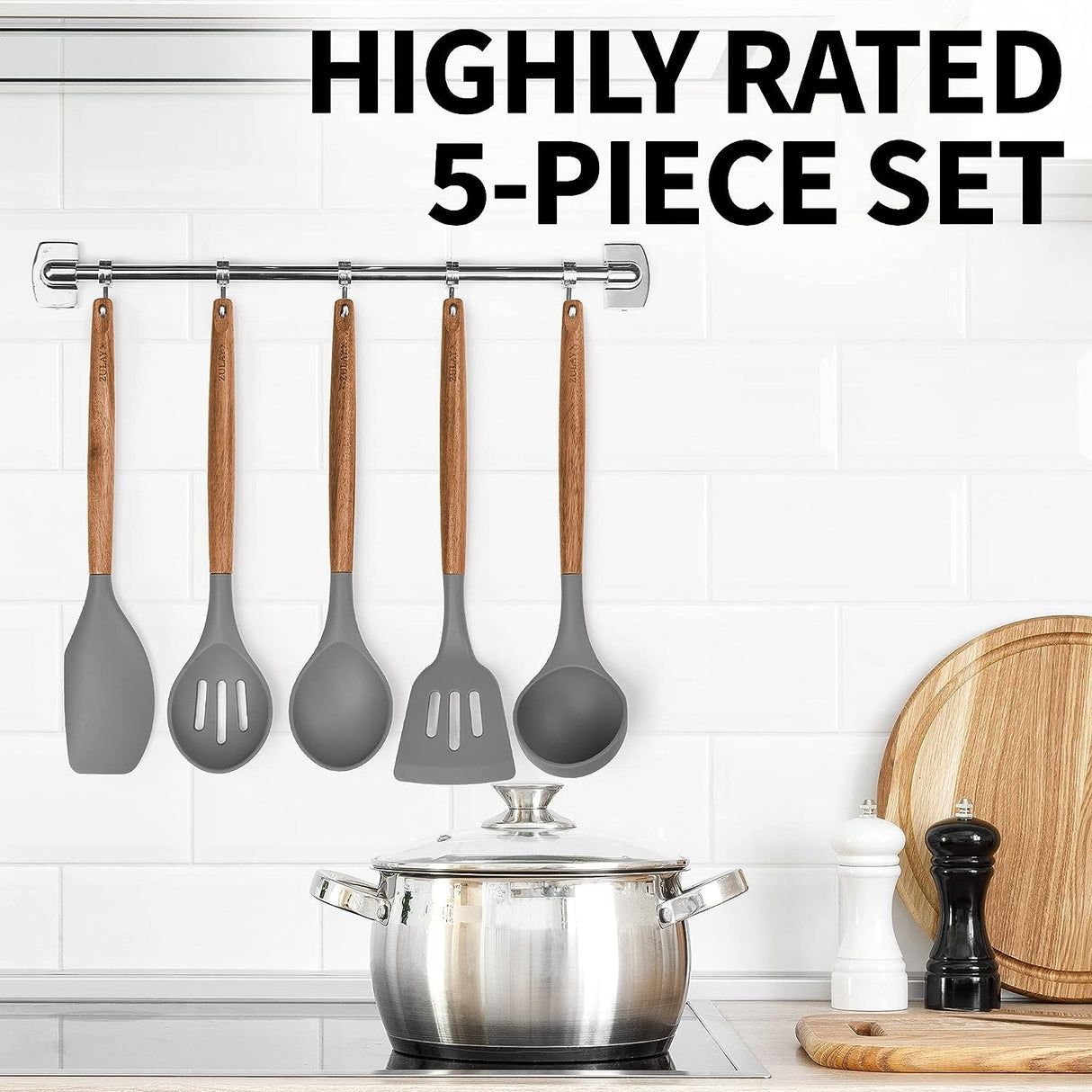Zulay Kitchen Premium 5 Piece Silicone Acacia Handle Utensils Set