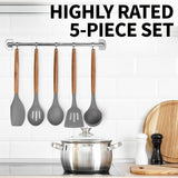 Zulay Kitchen Premium 5 Piece Silicone Acacia Handle Utensils Set