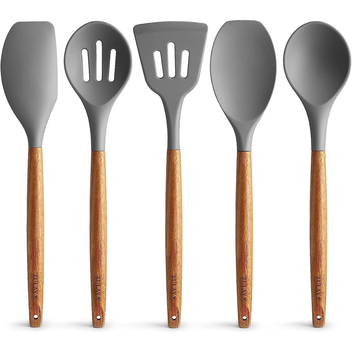 Zulay Kitchen Premium 5 Piece Silicone Acacia Handle Utensils Set