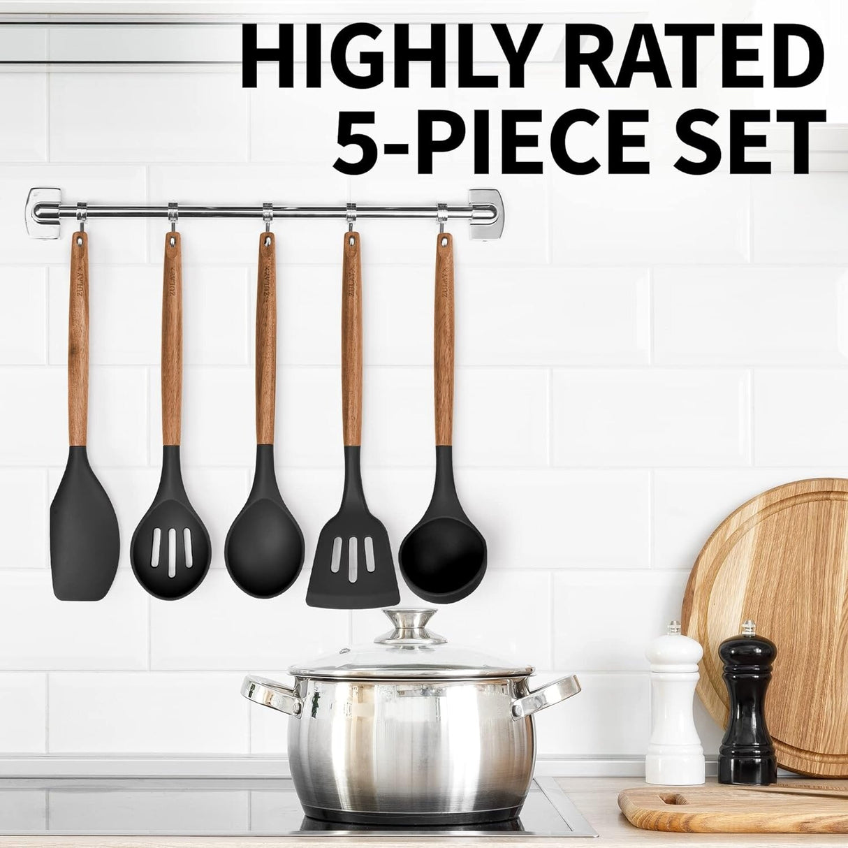 Zulay Kitchen Premium 5 Piece Silicone Acacia Handle Utensils Set