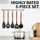Zulay Kitchen Premium 5 Piece Silicone Acacia Handle Utensils Set