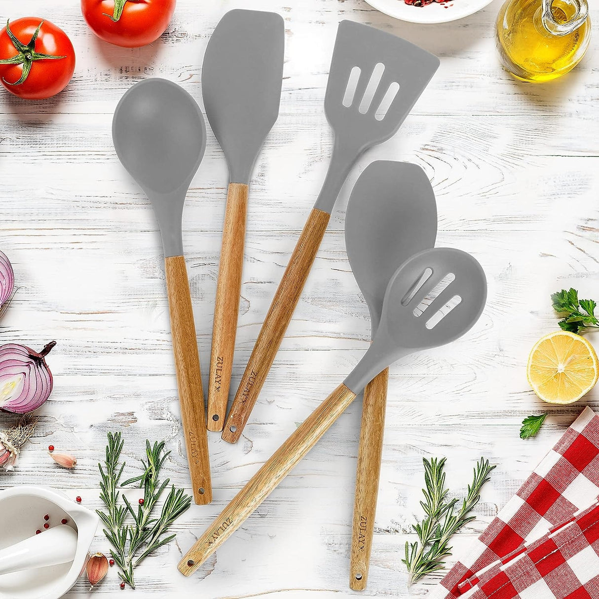 Zulay Kitchen Premium 5 Piece Silicone Acacia Handle Utensils Set