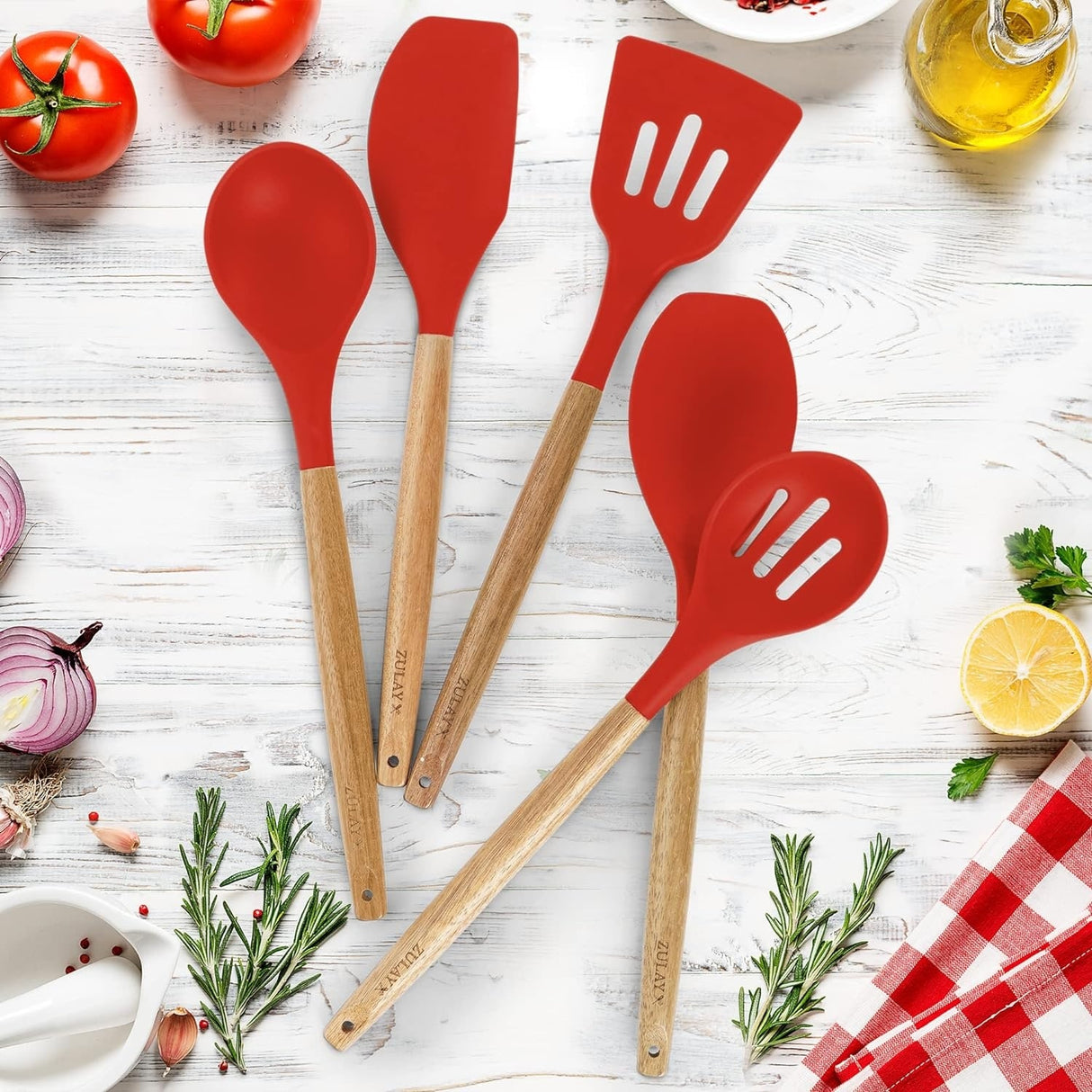 Zulay Kitchen Premium 5 Piece Silicone Acacia Handle Utensils Set