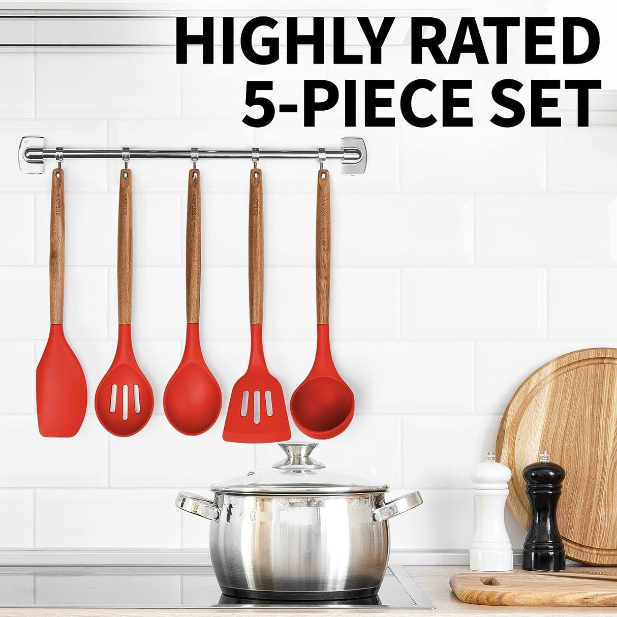 Zulay Kitchen Premium 5 Piece Silicone Acacia Handle Utensils Set