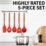 Zulay Kitchen Premium 5 Piece Silicone Acacia Handle Utensils Set