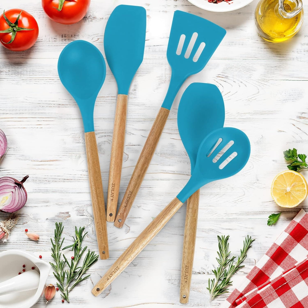 Zulay Kitchen Premium 5 Piece Silicone Acacia Handle Utensils Set