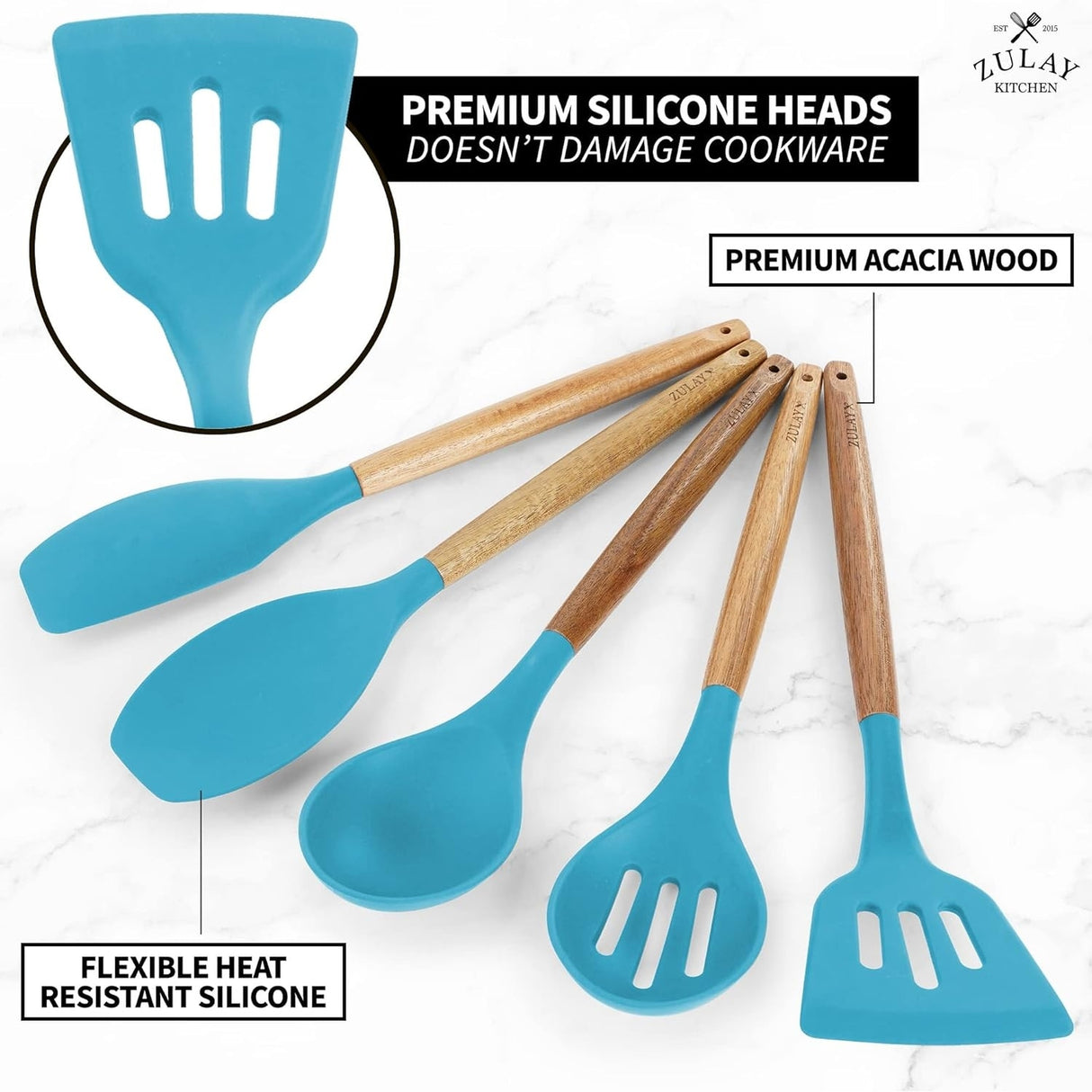 Zulay Kitchen Premium 5 Piece Silicone Acacia Handle Utensils Set