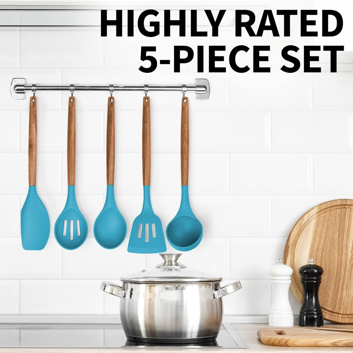 Zulay Kitchen Premium 5 Piece Silicone Acacia Handle Utensils Set