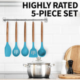 Zulay Kitchen Premium 5 Piece Silicone Acacia Handle Utensils Set