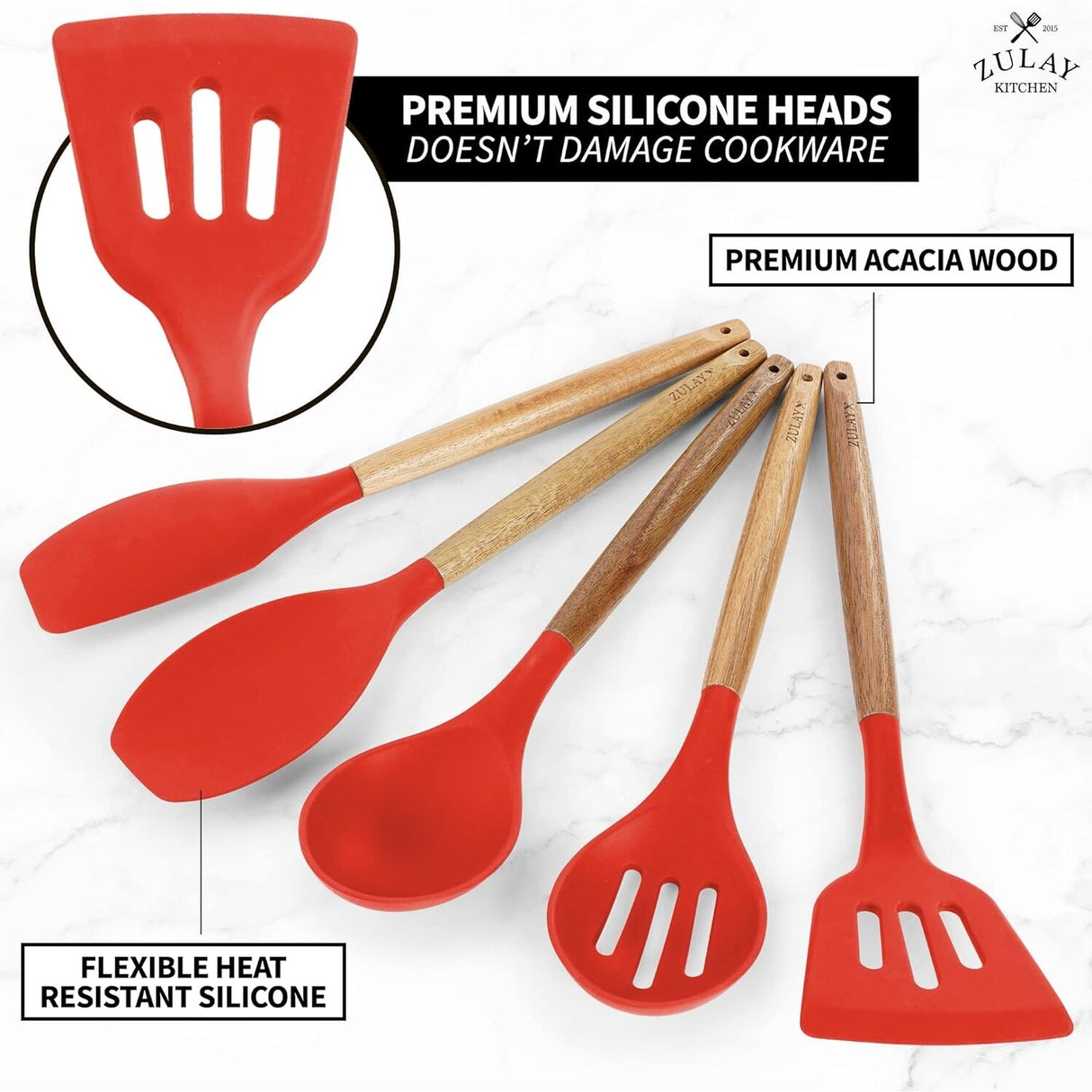Zulay Kitchen Premium 5 Piece Silicone Acacia Handle Utensils Set