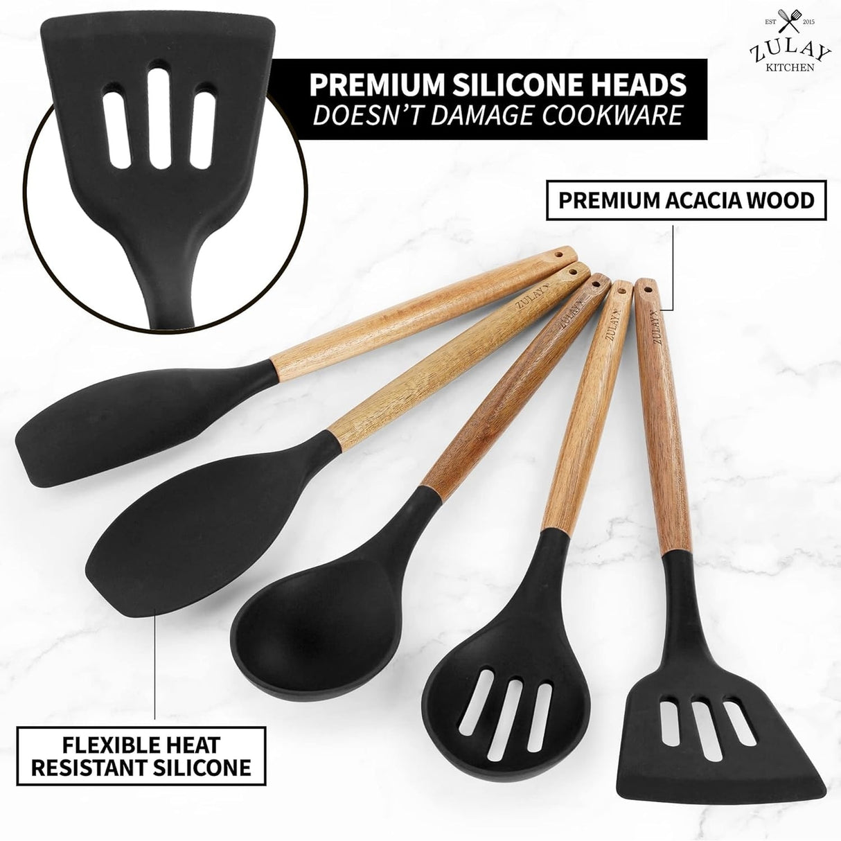 Zulay Kitchen Premium 5 Piece Silicone Acacia Handle Utensils Set