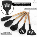 Zulay Kitchen Premium 5 Piece Silicone Acacia Handle Utensils Set