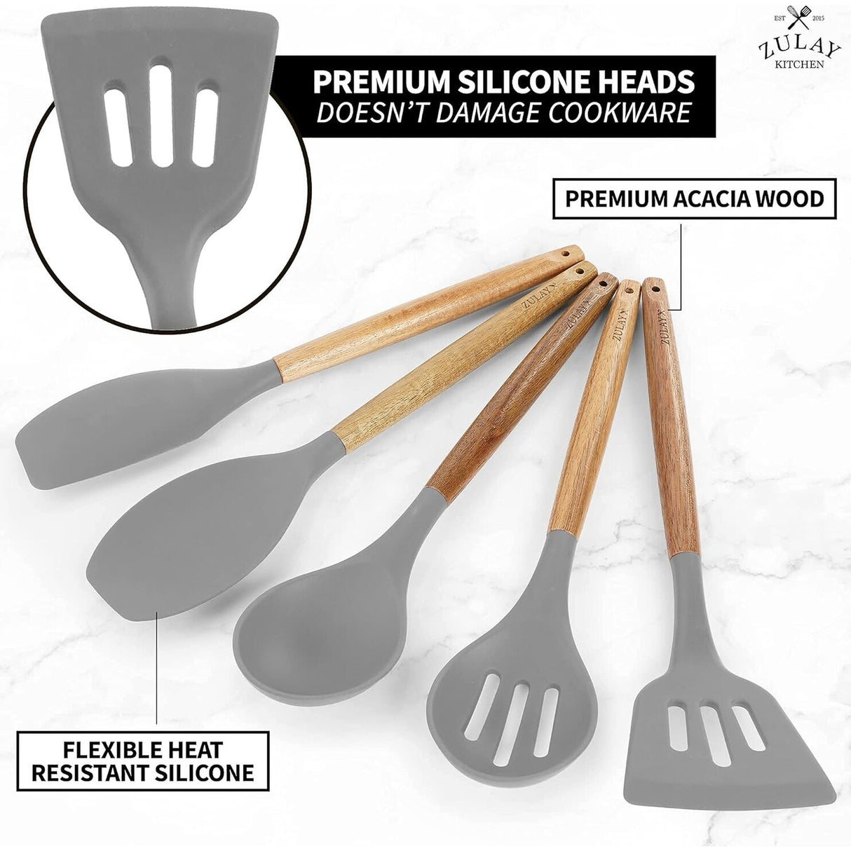Zulay Kitchen Premium 5 Piece Silicone Acacia Handle Utensils Set