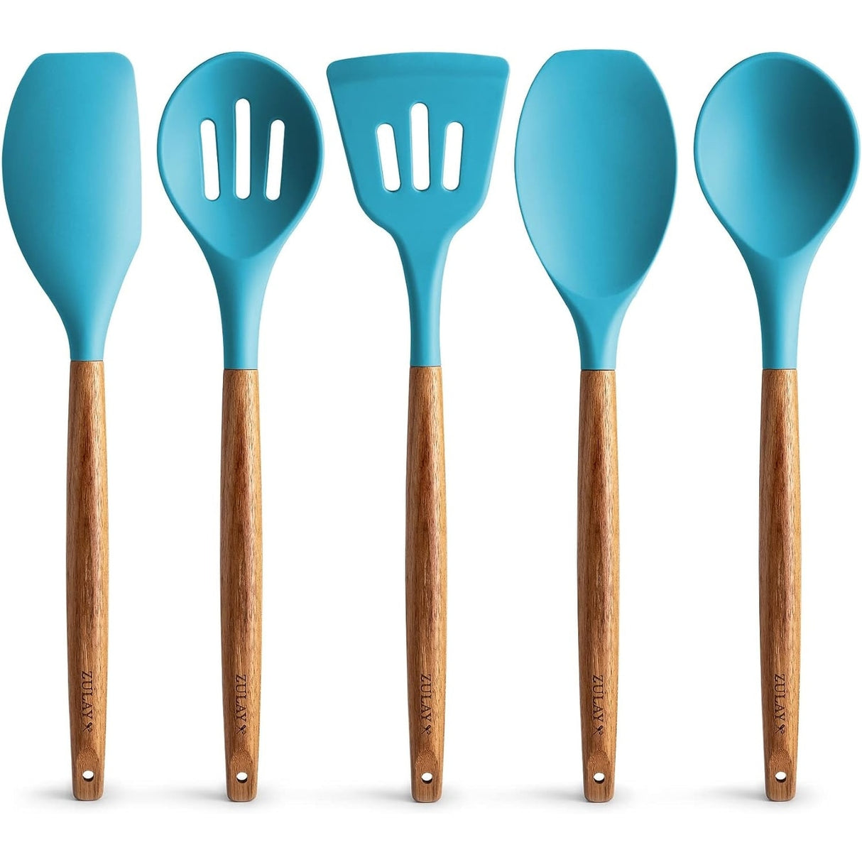 Zulay Kitchen Premium 5 Piece Silicone Acacia Handle Utensils Set