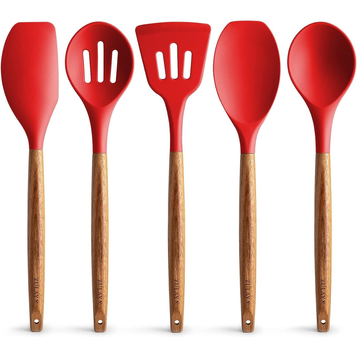 Zulay Kitchen Premium 5 Piece Silicone Acacia Handle Utensils Set