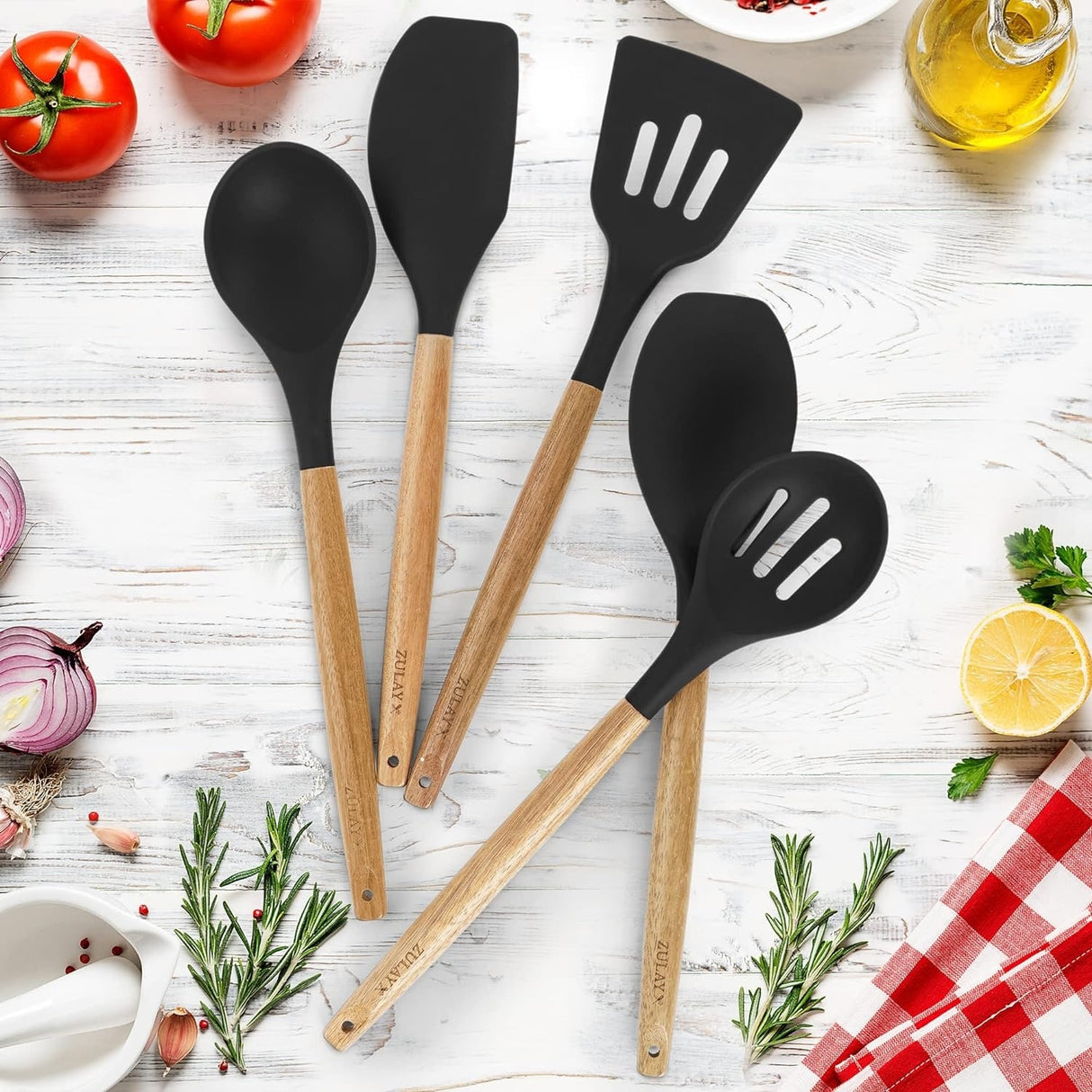 Zulay Kitchen Premium 5 Piece Silicone Acacia Handle Utensils Set