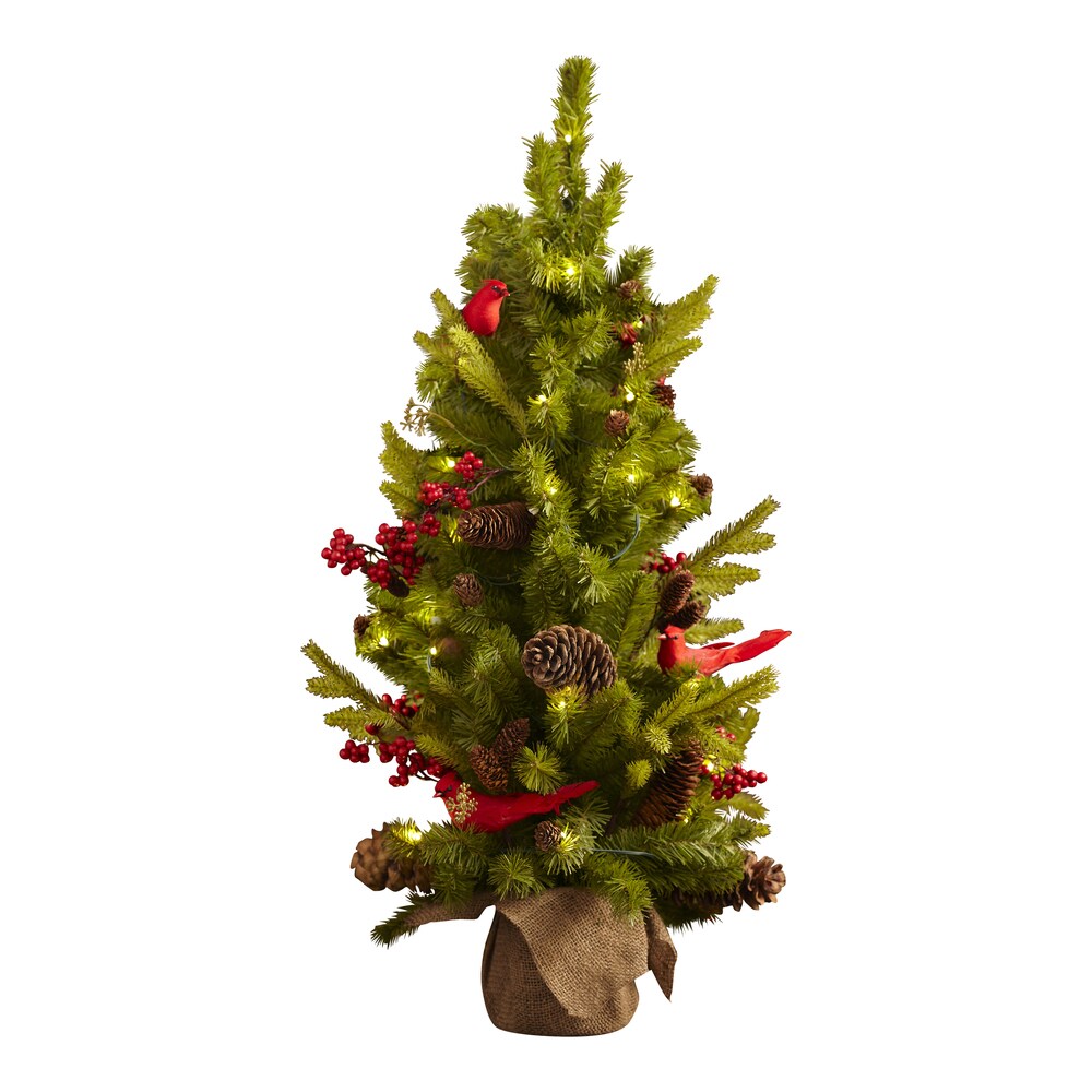 Sage & Co Natural Pine & Berry Tree with Cardinals and LED Battery Lights