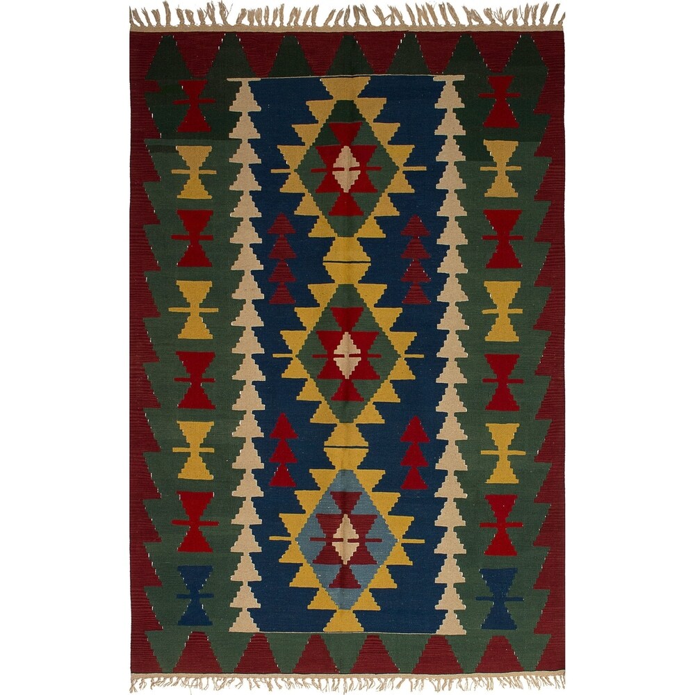 eCarpetGallery Ankara Blue/Green Wool Kilim Flatweave