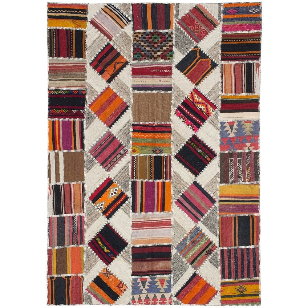eCarpetGallery Flat-weave Anatolia Patch Ivory Wool Kilim - 6'8 x 9'6
