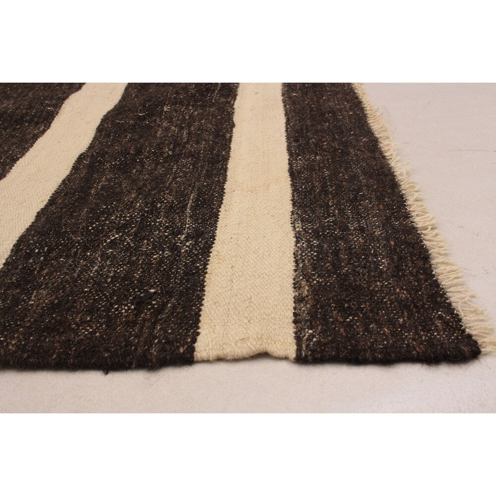 eCarpetGallery Flat-weave Bohemian Cream, Dark Brown Wool Kilim - 7'0 x 10'3