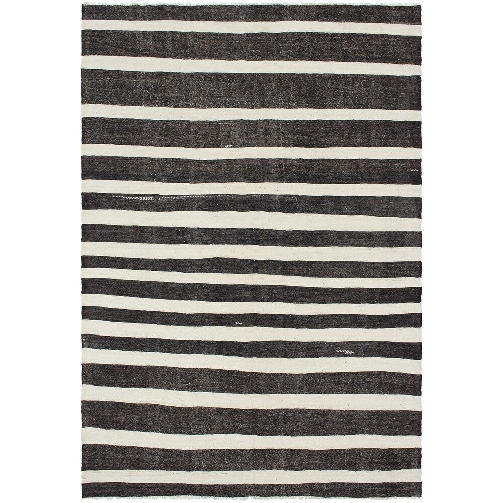 eCarpetGallery Flat-weave Bohemian Cream, Dark Brown Wool Kilim - 7'0 x 10'3
